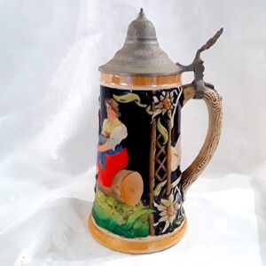 German Stein Man & Woman Snuggling with 2nd Woman Watching